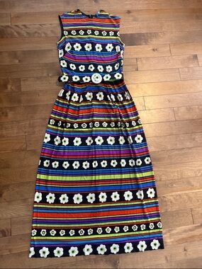 Vintage 80s Belted Colourful Stripe & Daisy Maxi Dress